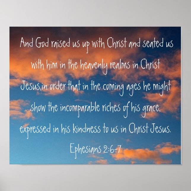 Poster verset biblique Éphésiens 2:6-7 sur un ciel magnif (Devant)