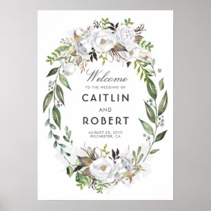 Poster Vert blanc Floral Romantique Mariage Accueil