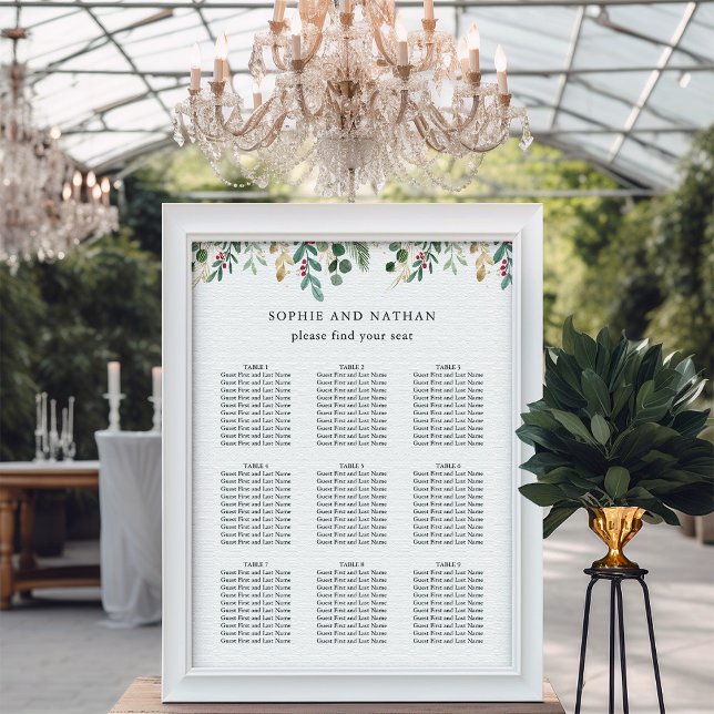 Poster Vert doré blanc | Mariage de Noël (An elegant seating chart for your Christmas holiday wedding)