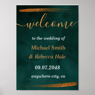 Poster vert émeraude moderne et Mariage feuille Bienvenue
