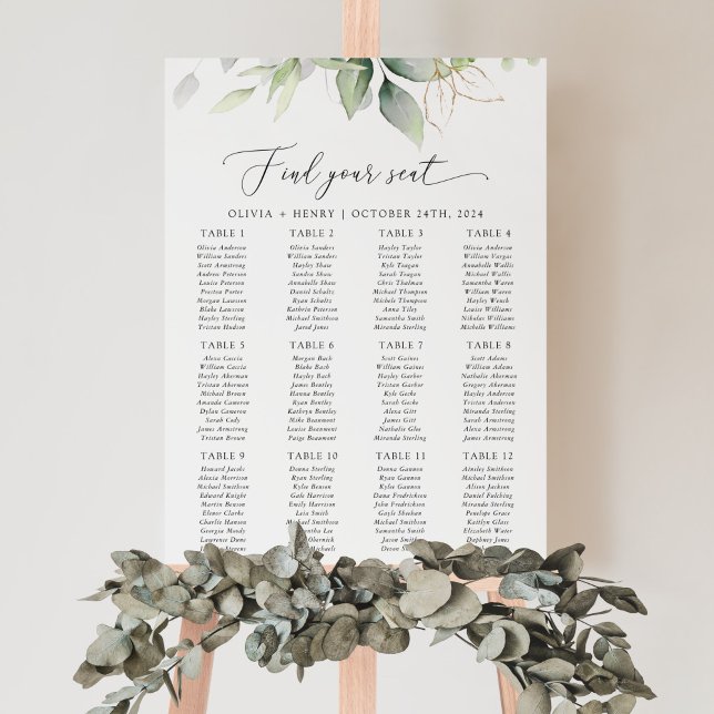 Poster Vert, Eucalyptus Feuilles, Mariage Seating Chart (Créateur téléchargé)