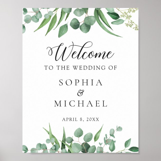 Poster Vert moderne Eucalyptus Feuille Mariage Bienvenue (Devant)