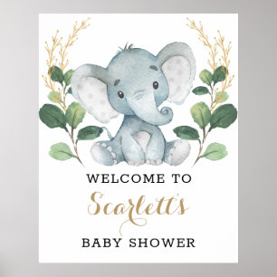 Poster Vert moderne Gold Elephant Baby shower Bienvenue