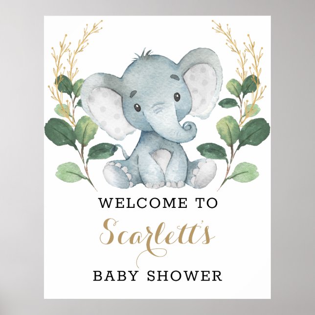 Poster Vert moderne Gold Elephant Baby shower Bienvenue (Devant)