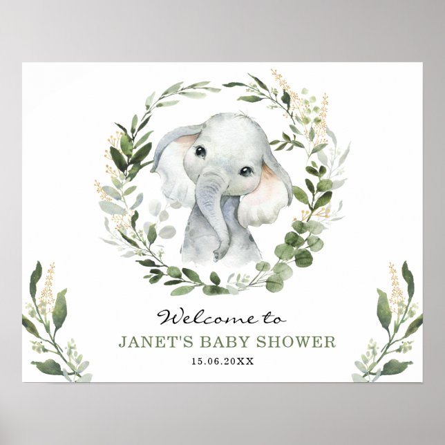 Poster Vert moderne Gold Elephant Baby shower Bienvenue (Devant)