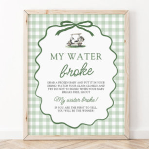 Poster Vert Sauge Gingham Golf Mon Eau Est Cassée Baby Sh