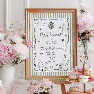 Poster Vert sauge Rayures Vieille fortune Baby shower de 