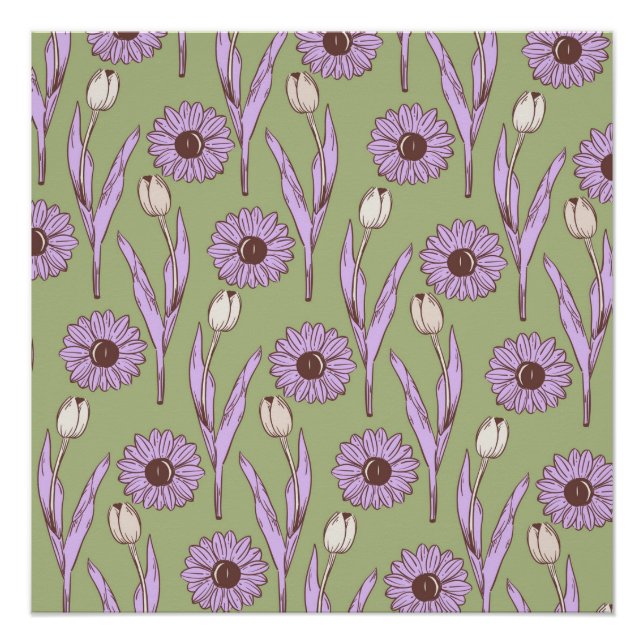 Poster Vert violet rétro Y2K Funky Hippie Flower Motif (Devant)