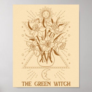 Poster Verte sorcière nature herbes soleil lune symboles 