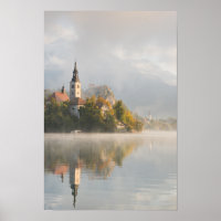 Poster vertical Foggy sunrise Lake Bled