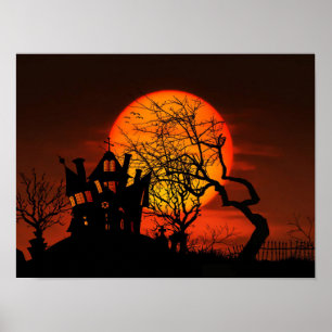 Poster Very Spooky Halloween Scene with Giant Moon