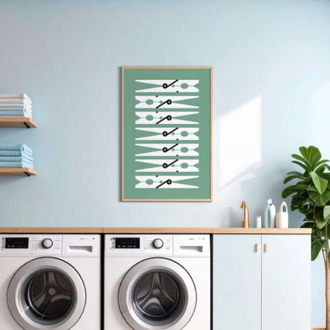 Poster Vêtements Pins Noir Blanc Vert Lave-linge Art (millennial green and white modern graphic clothes pins art for a fun laundry room)
