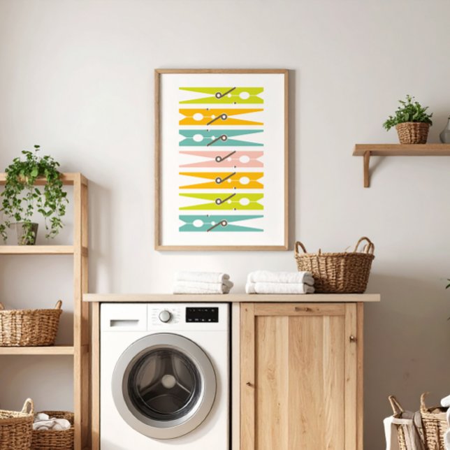 Poster Vêtements Pins Retro Couleur Laverie Salle Art (fun colorful modern clothes pin art to brighten up the laundry room )