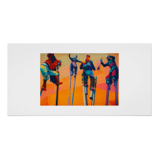 Poster Vibrant African Stilt Dancers in Traditional Masks