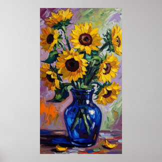 Poster Vibrant Blue & Yellow Sunflower Expressionist