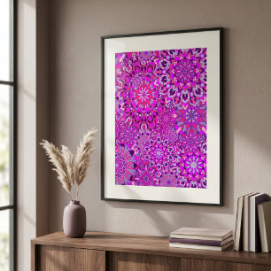 Poster Vibrant Boho Chic rose violet fleurs Mandalas