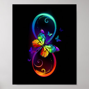 Poster Vibrant infinity with rainbow butterfly on black