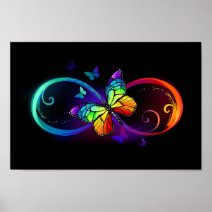 Poster Vibrant infinity with rainbow butterfly on black