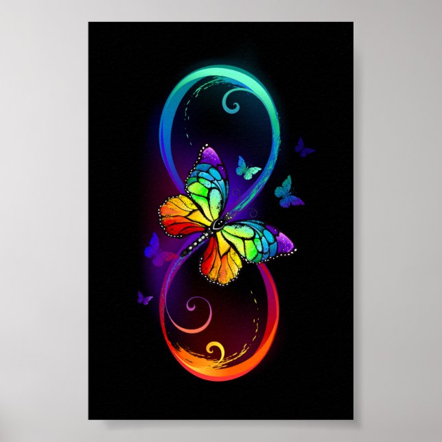 Poster Vibrant infinity with rainbow butterfly on black (Devant)