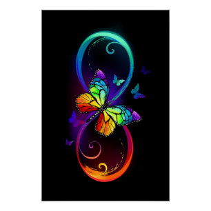 Poster Vibrant infinity with rainbow butterfly on black