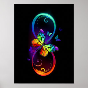 Poster Vibrant infinity with rainbow butterfly on black