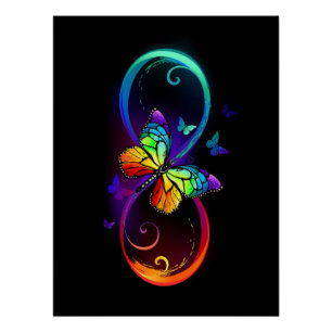 Poster Vibrant infinity with rainbow butterfly on black