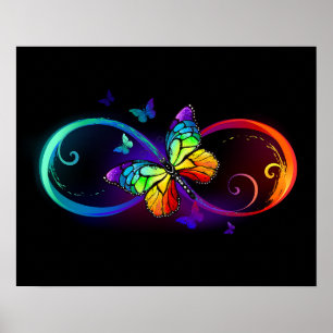 Poster Vibrant infinity with rainbow butterfly on black 