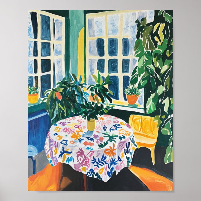 Poster Vibrant Interior Scene with Floral Tablecloth Post (Devant)