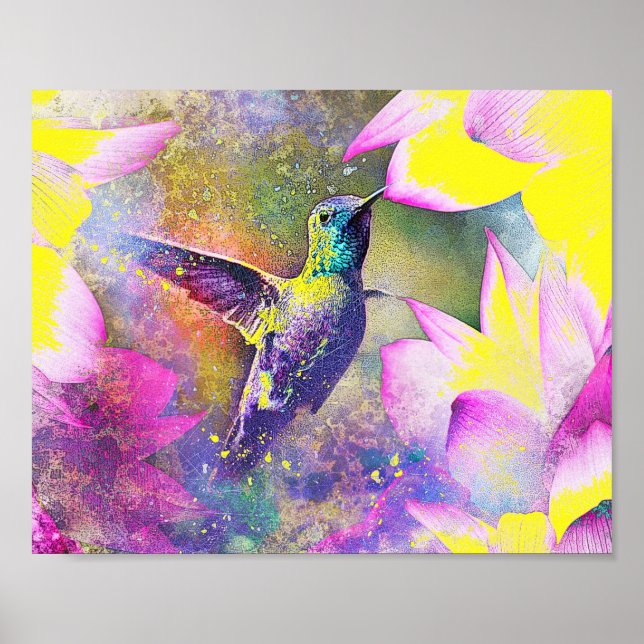 Poster Vibrant Jaune et Violet Floral Hummingbird Art (Devant)