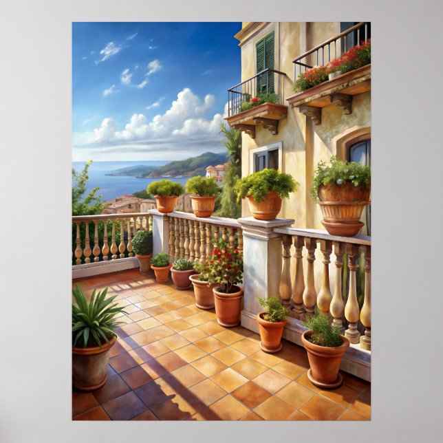 Poster Vibrant Mediterranean Balcony Sea View Art (Devant)