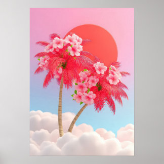 Poster Vibrant  pink palm trees with flowers