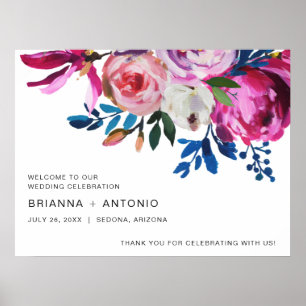 Poster Vibrant Turquoise rose vif Floral moderne Mariage