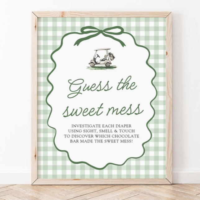 Poster Vichy Vert Sauge Golf : Devinez le jeu du doux dés (Sage Green Gingham Golf Guess the Sweet Mess Game Sign)