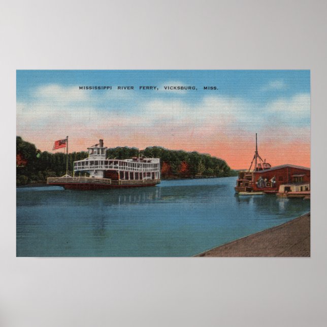 Poster Vicksburg, MS - Vue du ferry de la rivière Mississ (Devant)