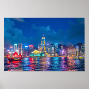 Poster Victoria Harbour et Hong Kong Skyline la nuit