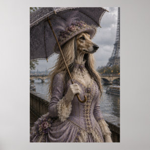 Poster Victorian Afghan Hound Lady in Paris with Eiffel T