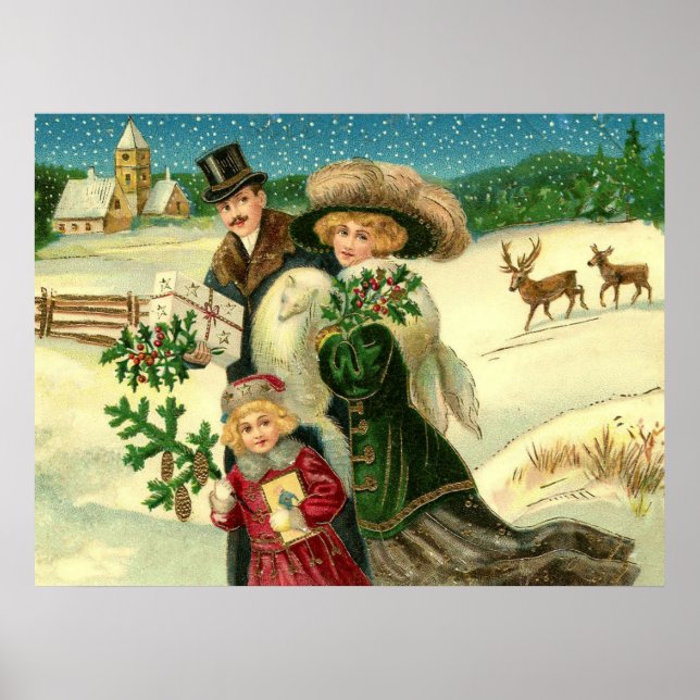 Poster Victorian Famy in the snow Christmas scene (Devant)