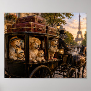 Poster Victorian Golden Retriever Family Carriage Ride in