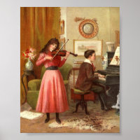 Victorian Lady Man Joue Violon Piano Art Impressio