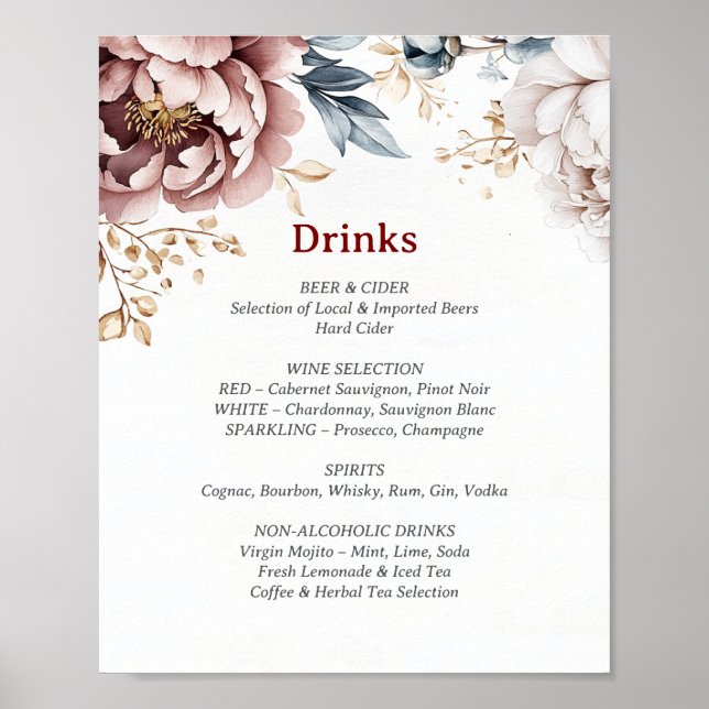 Poster Victorian Peony Luxe Boissons Menu (Devant)