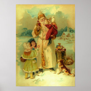 Poster Victorian Vintage Christmas Santa Claus Kids Puppy