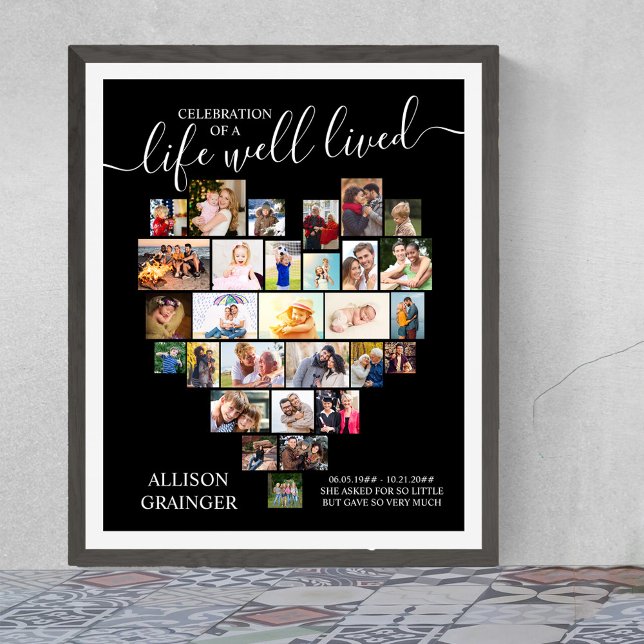 Poster Vie Bien Vécu Coeur Photo Personnalisé Funérailles (Funeral memorial poster to order professionally printed or as a printable digital download)