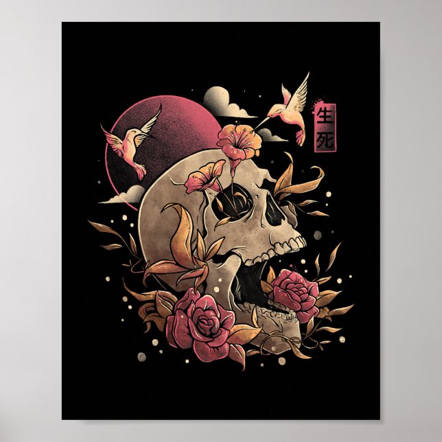 Poster Vie et mort Fleurs du crâne Squelette Halloween Ja (Devant)