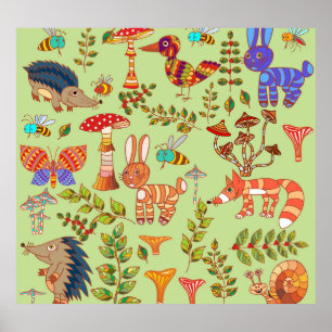 Poster Vie forestière : Illustration de la faune de la fl