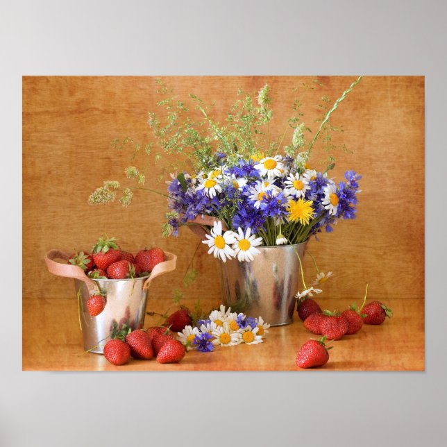 Poster Vie morte avec fraises et fleurs sauvages (Devant)