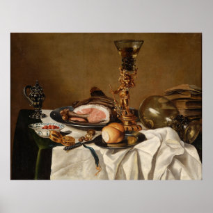 Poster Vie morte avec jambon, livres et vaisseaux ornemen