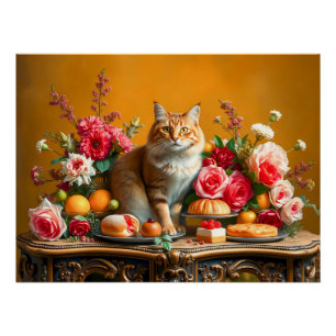 Poster Vie morte classique avec chat et générosité de la 