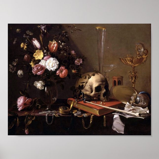 Poster Vie morte Vanitas avec Bouquet et Crâne Adriaen (Devant)
