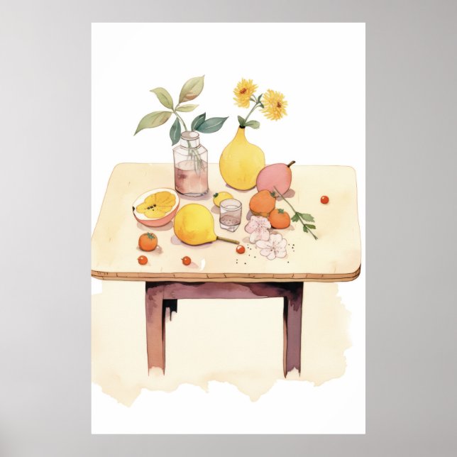 Poster Vie morte Whimsical avec Fruits et Fleurs (Devant)