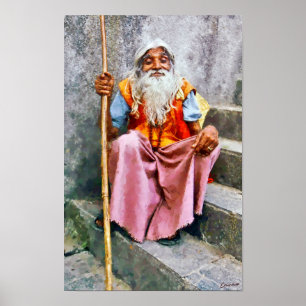 Poster Vieil homme indien avec bâton